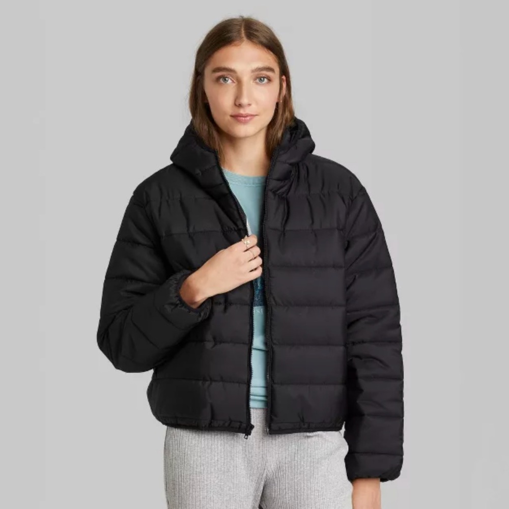 wild fable black hooded cropped puffer coat